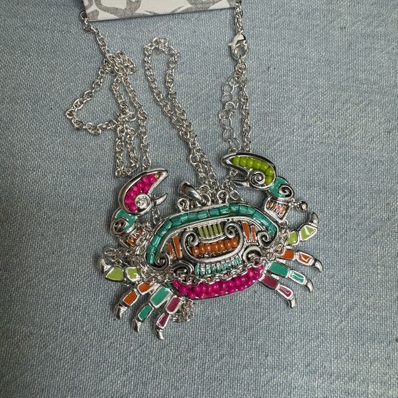 Long Multicolor Bead Painted Crab Silver Necklace - Picture 6 of 6